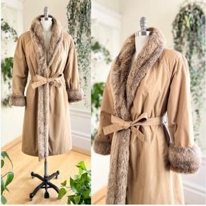 Vintage 70s Forecaster Of Boston Women's Tan Faux Fur Trim Belted Coat Sz 11/12